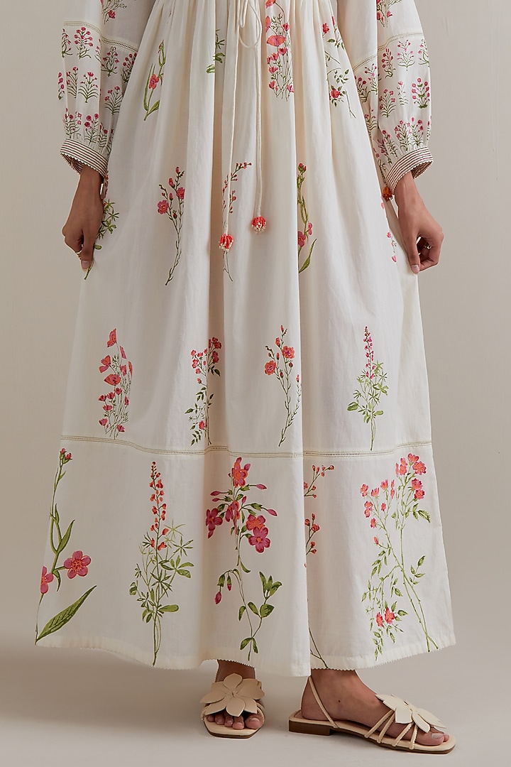 Off-White Silk Chanderi Floral Hand Block Printed Summer Dress by Kora at Pernia's Pop Up Shop