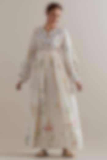 Off-White Silk Chanderi Floral Hand Block Printed Summer Dress by Kora at Pernia's Pop Up Shop