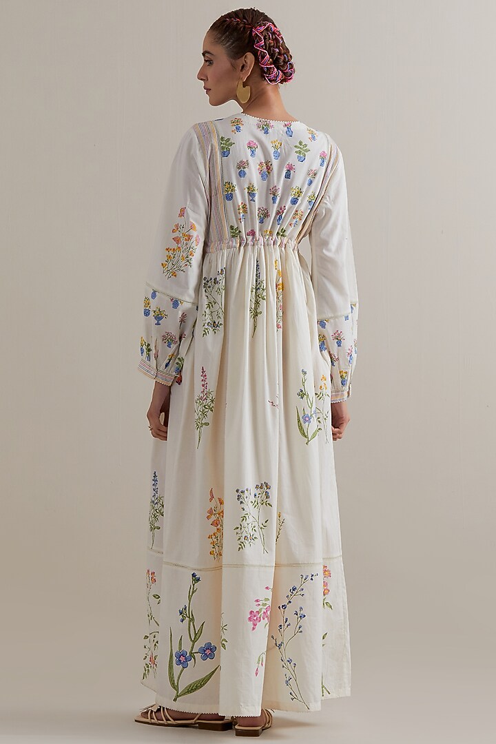 Off-White Silk Chanderi Floral Hand Block Printed Summer Dress by Kora at Pernia's Pop Up Shop