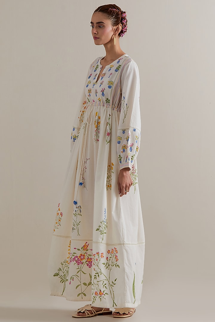Off-White Silk Chanderi Floral Hand Block Printed Summer Dress by Kora at Pernia's Pop Up Shop