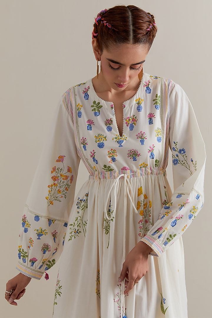 Off-White Silk Chanderi Floral Hand Block Printed Summer Dress by Kora at Pernia's Pop Up Shop