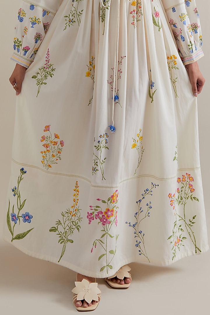 Off-White Silk Chanderi Floral Hand Block Printed Summer Dress by Kora at Pernia's Pop Up Shop
