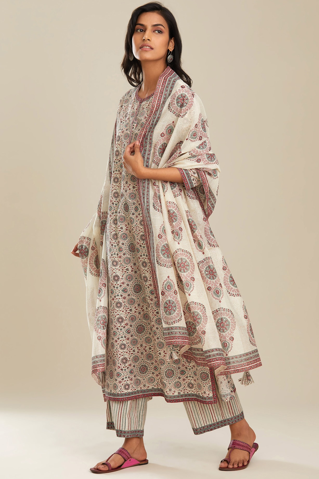 Ivory Cotton Hand Block Print Straight Kurti for Women | Elegant Ethnic Kurta with 3/4 Sleeves main image 0