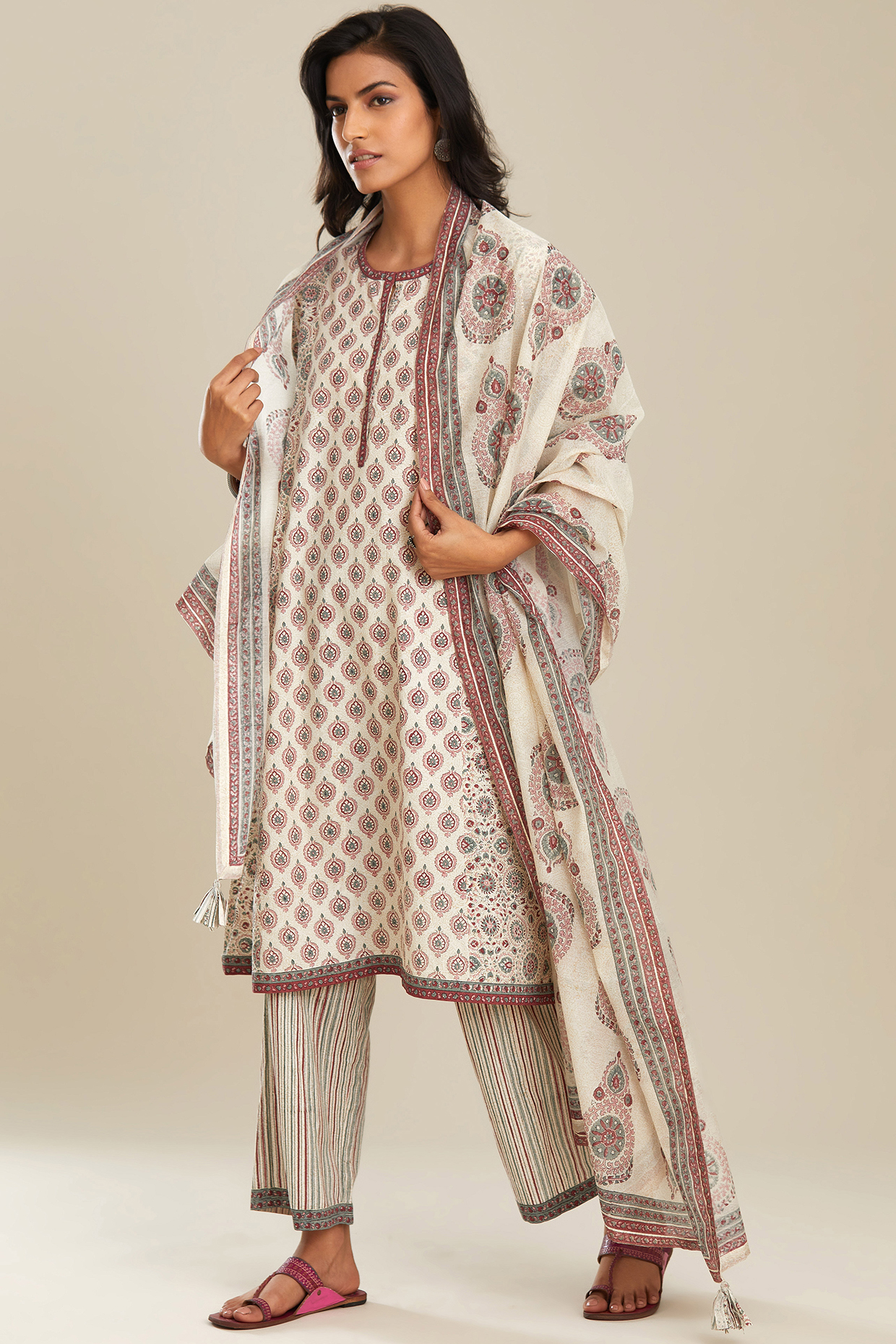 Red & Ivory Printed Kalidar Kurta Set by Kora at Pernia's Pop Up Shop