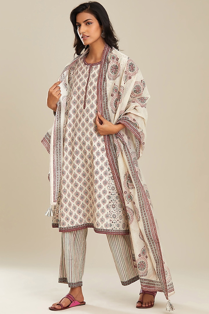 Red & Ivory Printed Kalidar Kurta Set by Kora at Pernia's Pop Up Shop