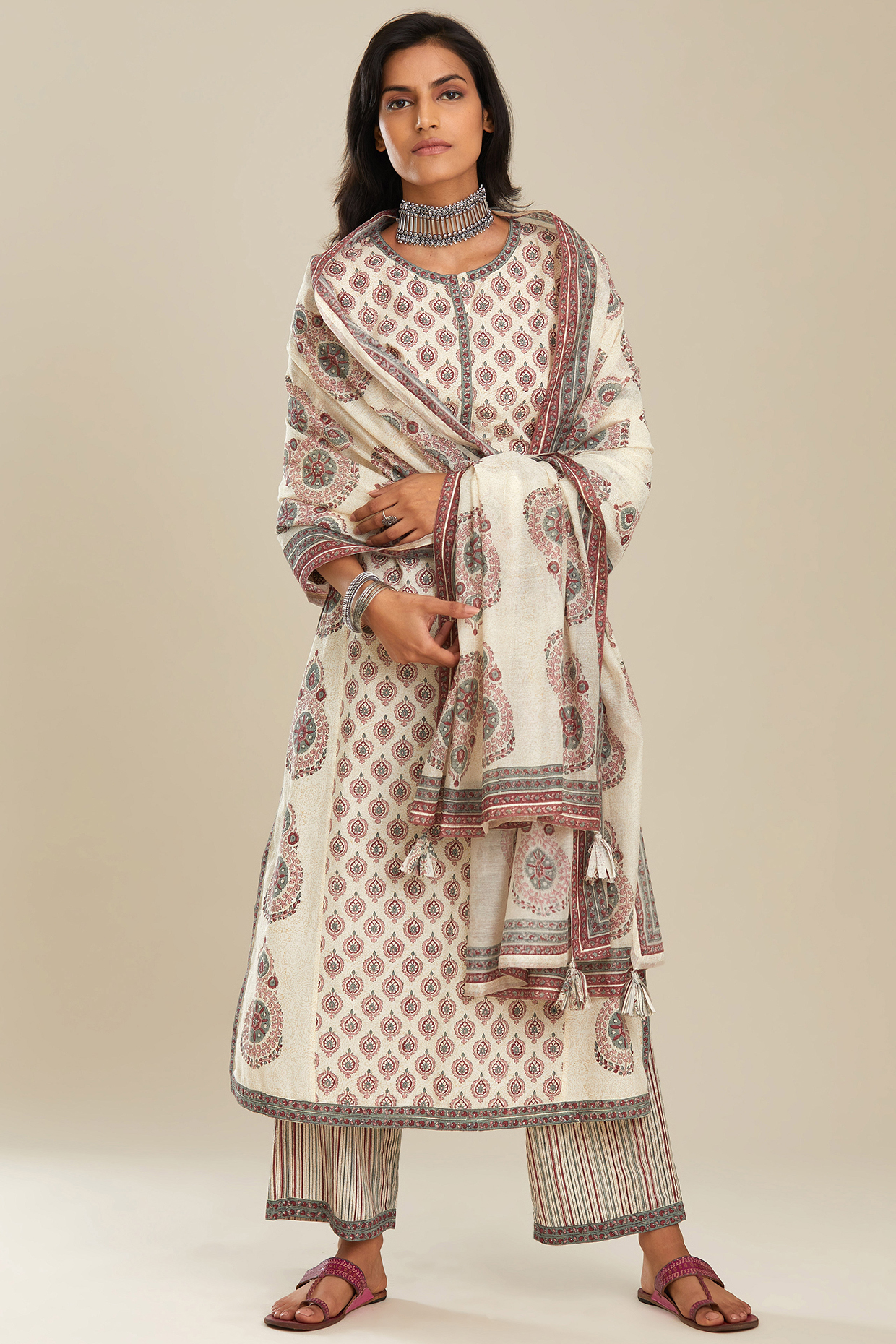 Red & Ivory Hand Block Printed Kurta Set by Kora at Pernia's Pop Up Shop