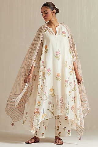 Off-White Cotton Chanderi Floral Hand Block Printed Asymmetric Kurta Set by Kora