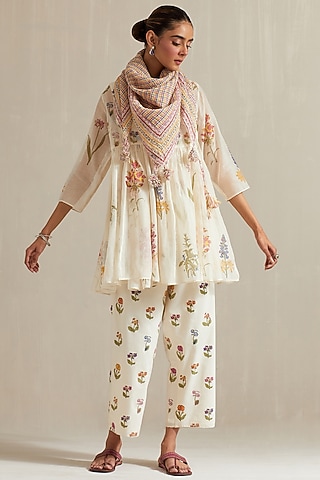 Off-White Cotton Chanderi Floral Hand Block Printed Short Angrakha Kurta Set by Kora