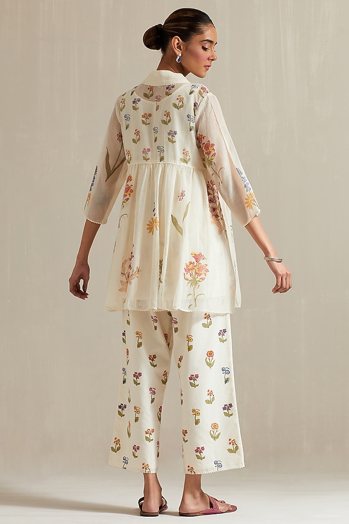 Off-White Cotton Chanderi Floral Hand Block Printed Short Angrakha Kurta Set by Kora at Pernia's Pop Up Shop