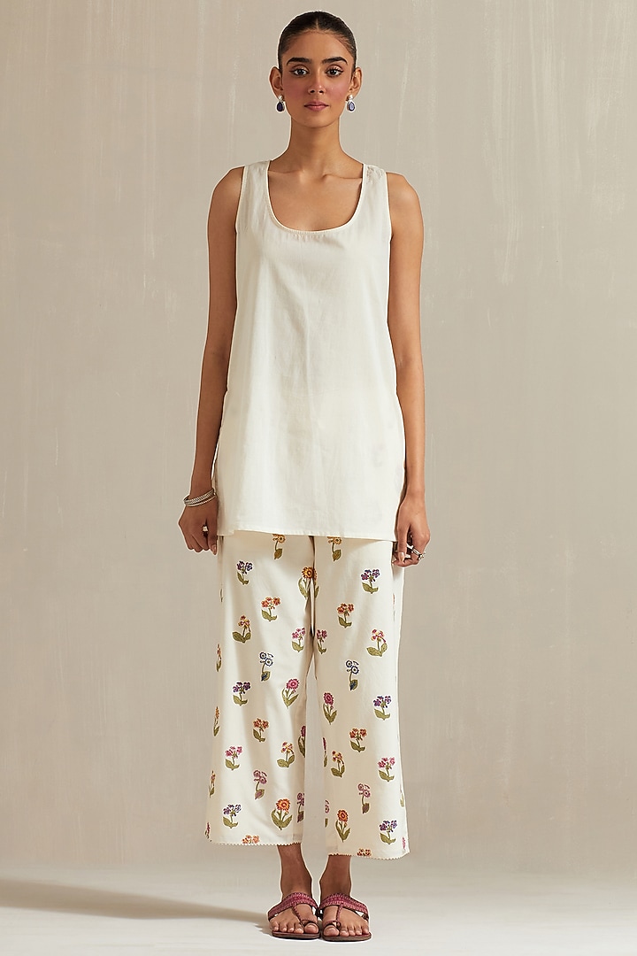 Off-White Cotton Chanderi Floral Hand Block Printed Short Angrakha Kurta Set by Kora at Pernia's Pop Up Shop