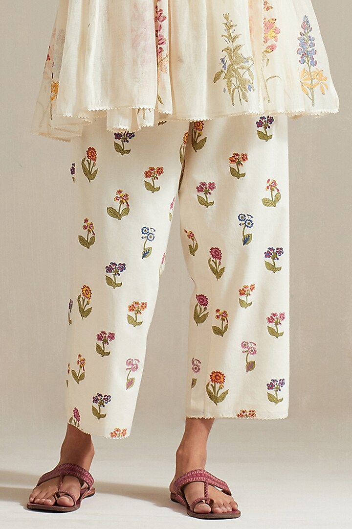 Off-White Cotton Chanderi Floral Hand Block Printed Short Angrakha Kurta Set by Kora at Pernia's Pop Up Shop