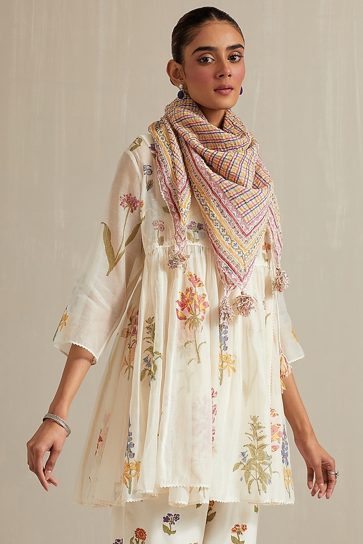 Off-White Cotton Chanderi Floral Hand Block Printed Short Angrakha Kurta Set by Kora at Pernia's Pop Up Shop