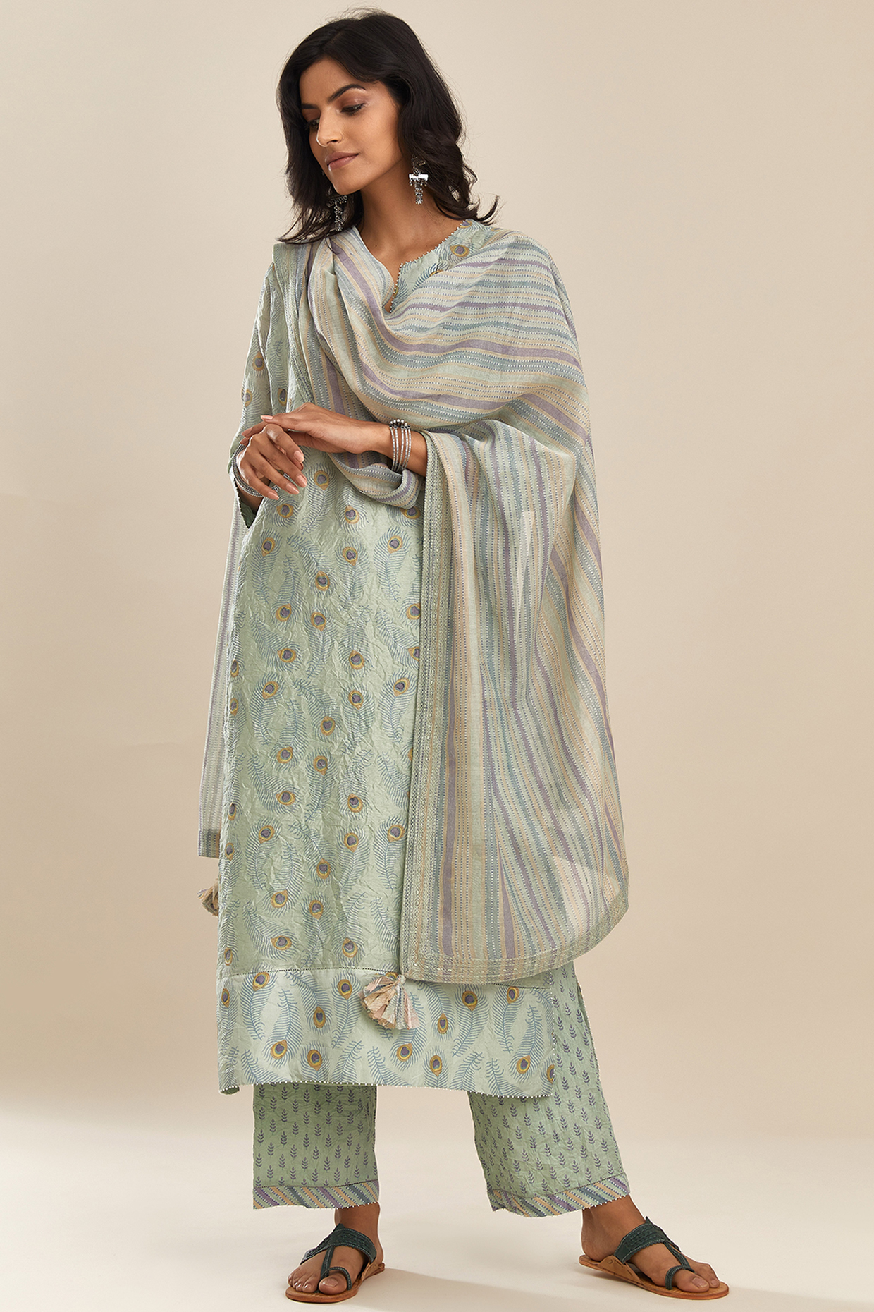 Blue Block Printed Kurta Set by Kora at Pernia's Pop Up Shop