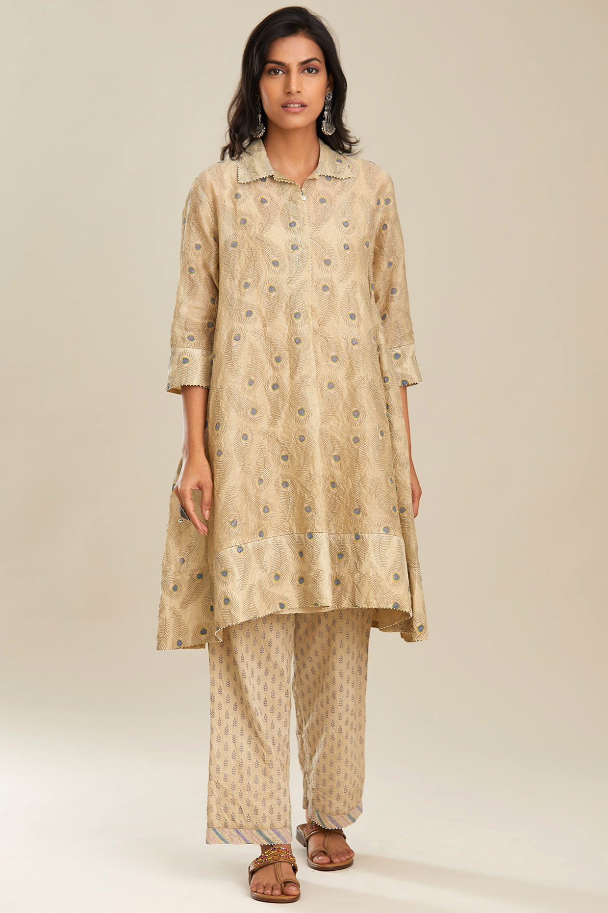Beige Printed Kurta Set by Kora at Pernia's Pop Up Shop