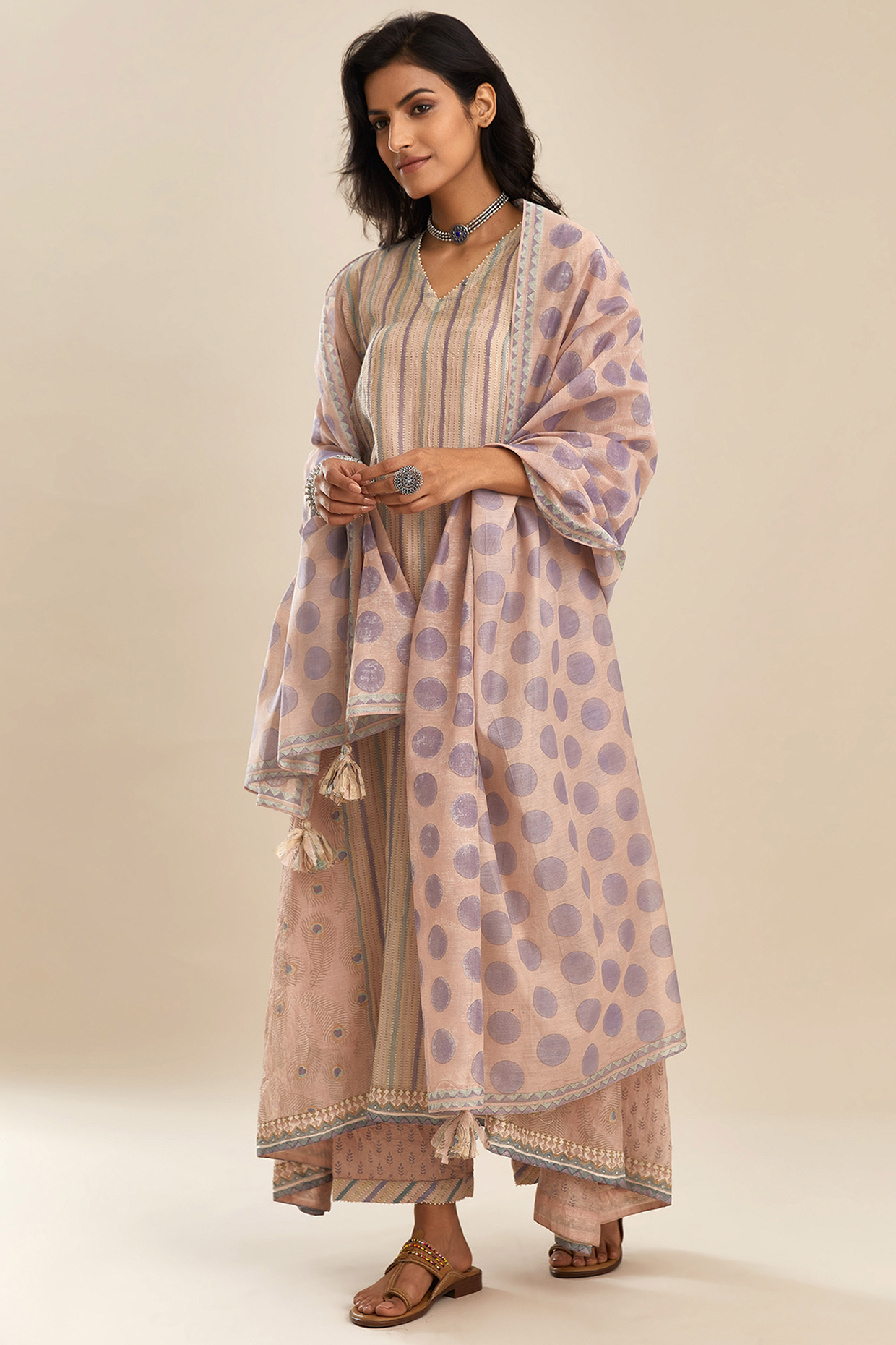 Pink Block Printed Asymmetrical Kurta Set by Kora at Pernia's Pop Up Shop