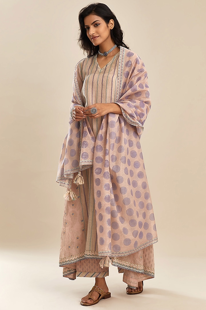 Pink Block Printed Asymmetrical Kurta Set by Kora at Pernia's Pop Up Shop