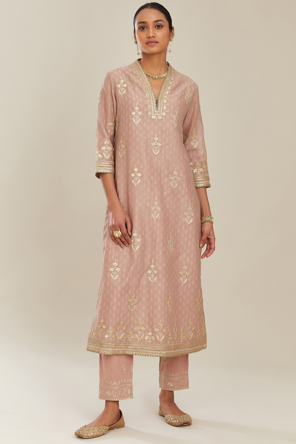 Old Rose Hand Block Printed Kurta Set by Kora at Pernia's Pop Up Shop