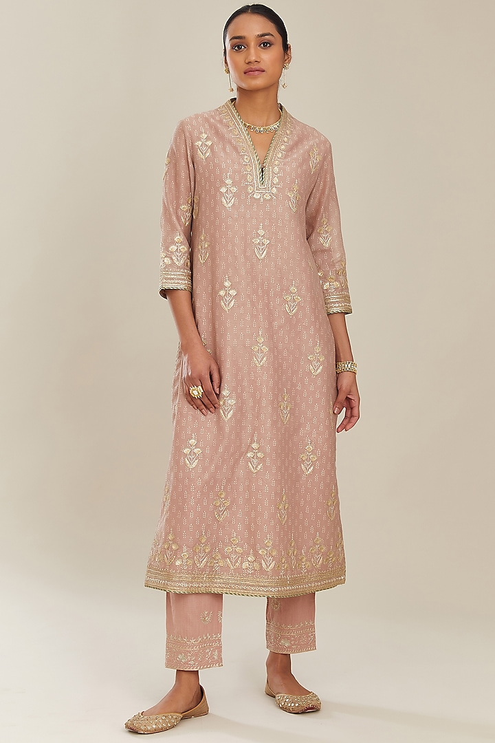 Old Rose Hand Block Printed Kurta Set by Kora at Pernia's Pop Up Shop