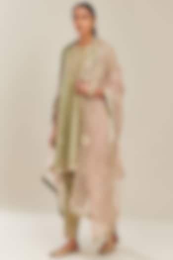 Sage Green Block Printed Kurta Set by Kora at Pernia's Pop Up Shop