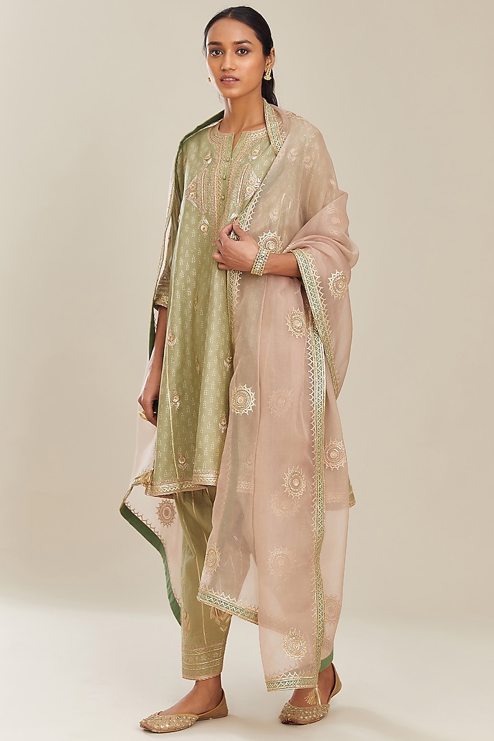 Sage Green Block Printed Kurta Set by Kora at Pernia's Pop Up Shop
