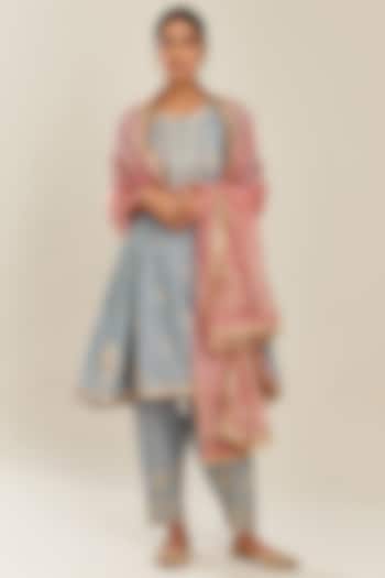 Powder Blue Embroidered & Printed Kurta Set by Kora at Pernia's Pop Up Shop