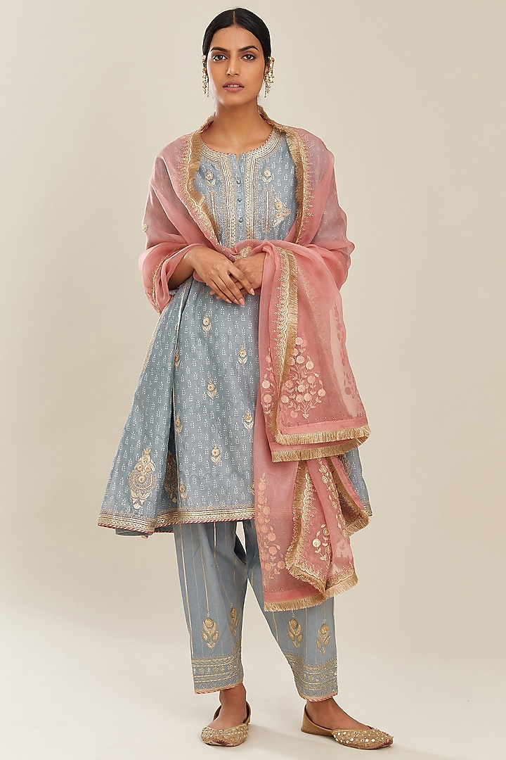 Powder Blue Embroidered & Printed Kurta Set by Kora at Pernia's Pop Up Shop