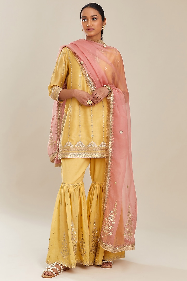 Yellow Striped Kurta Set by Kora at Pernia's Pop Up Shop