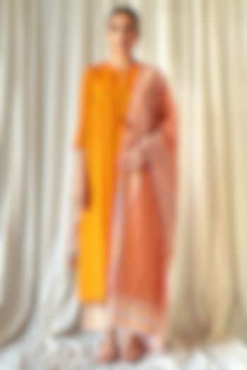 Yellow Cotton Chanderi Layered Kurta Set by Kora at Pernia's Pop Up Shop