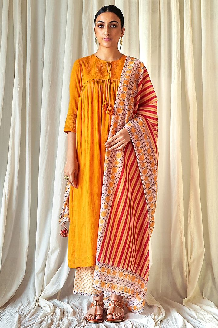Yellow Cotton Chanderi Layered Kurta Set by Kora at Pernia's Pop Up Shop