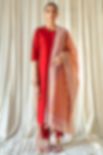 Red Cotton Embroidered Kurta Set by Kora at Pernia's Pop Up Shop