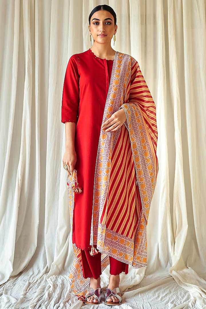 Red Cotton Embroidered Kurta Set by Kora at Pernia's Pop Up Shop