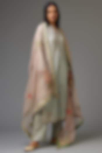 Blue Hand Crushed Silk Embroidered Kurta Set by Kora at Pernia's Pop Up Shop