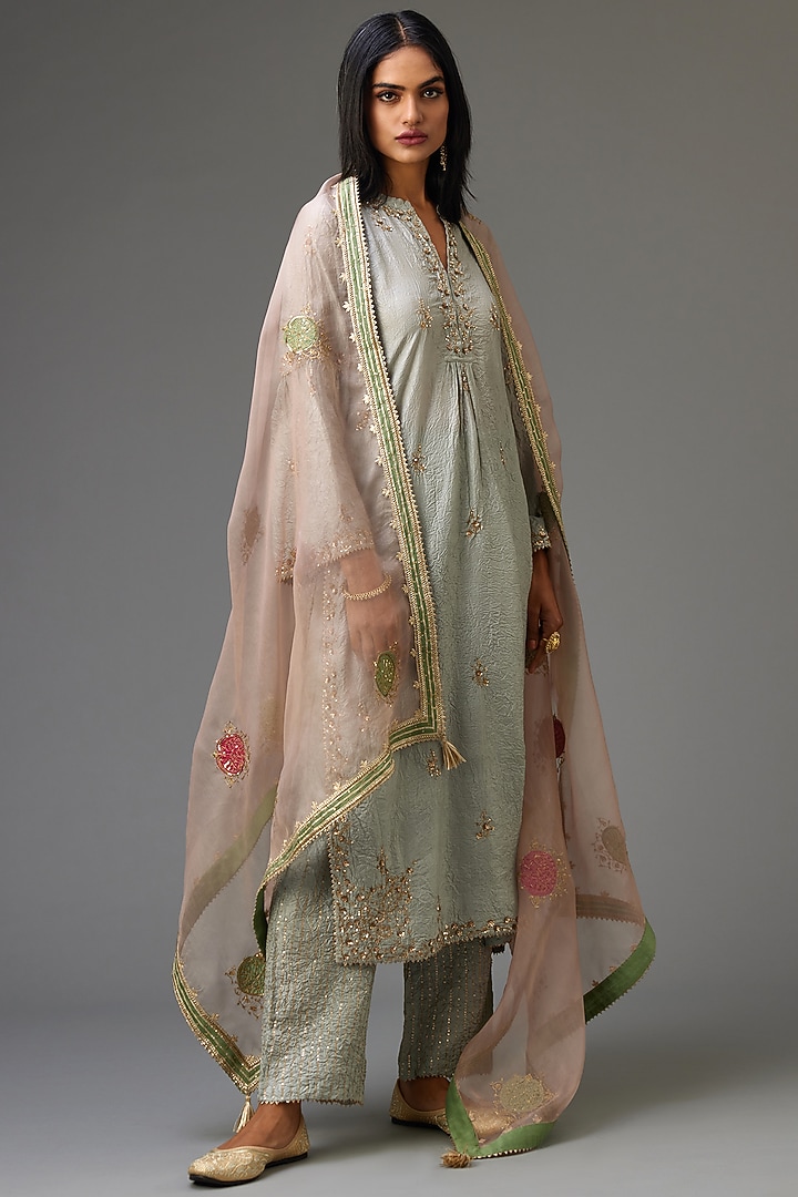 Blue Hand Crushed Silk Embroidered Kurta Set by Kora at Pernia's Pop Up Shop