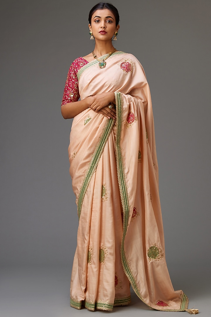 Pink Silk Embroidered Wedding Saree Set by Kora at Pernia's Pop Up Shop