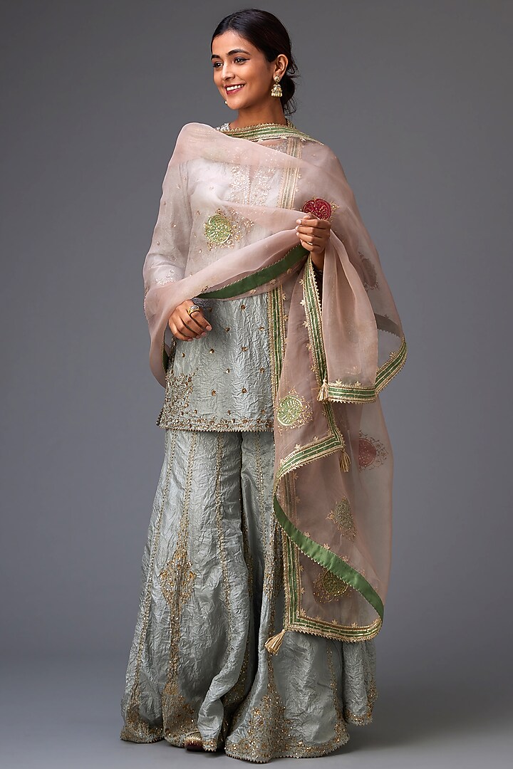 Blue Hand Crushed Silk Embroidered Kurta Set by Kora at Pernia's Pop Up Shop