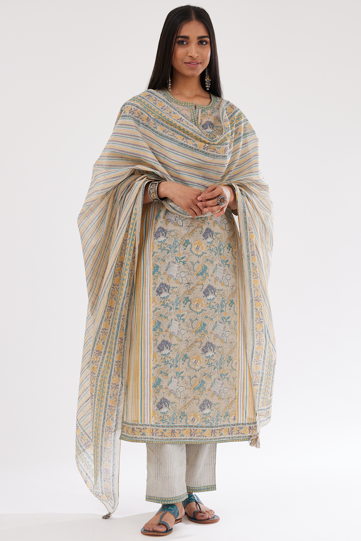 Grey & Blue Silk Chanderi Hand Block Printed Kurta Set by Kora at Pernia's Pop Up Shop
