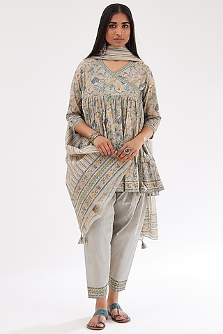 Grey & Blue Cotton Hand Block Printed Kurta Set by Kora