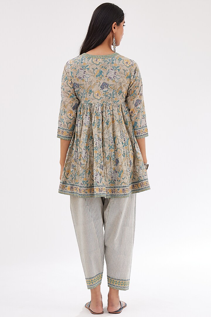 Grey & Blue Cotton Hand Block Printed Kurta Set by Kora at Pernia's Pop Up Shop
