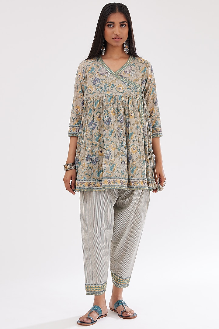 Grey & Blue Cotton Hand Block Printed Kurta Set by Kora at Pernia's Pop Up Shop