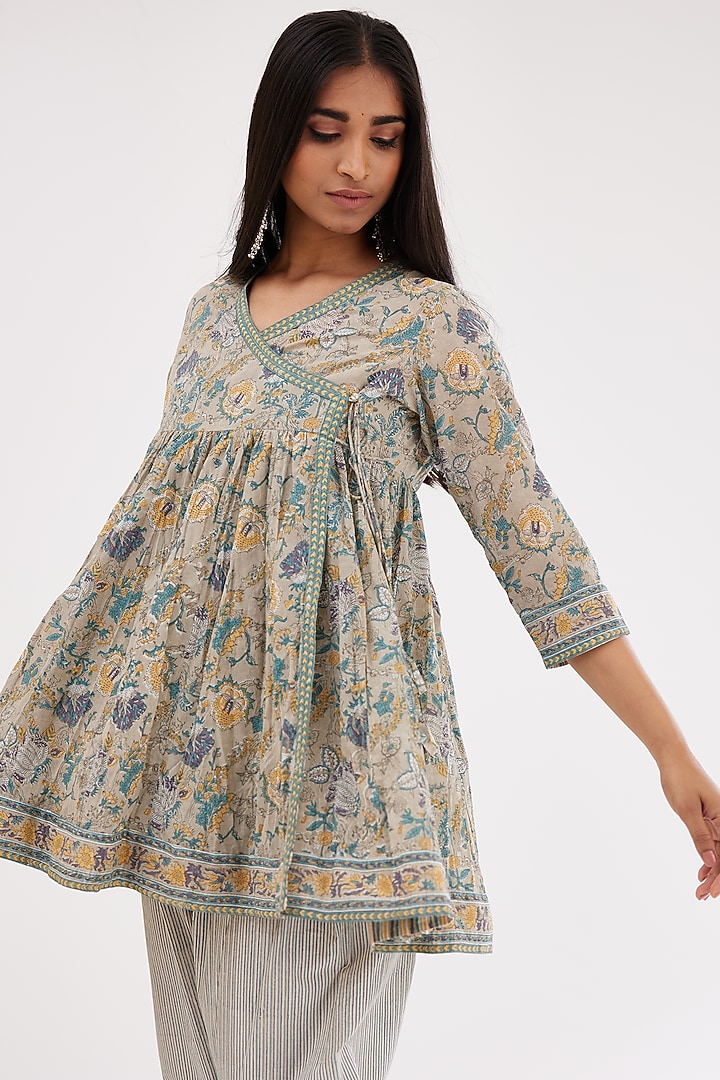 Grey & Blue Cotton Hand Block Printed Kurta Set by Kora at Pernia's Pop Up Shop
