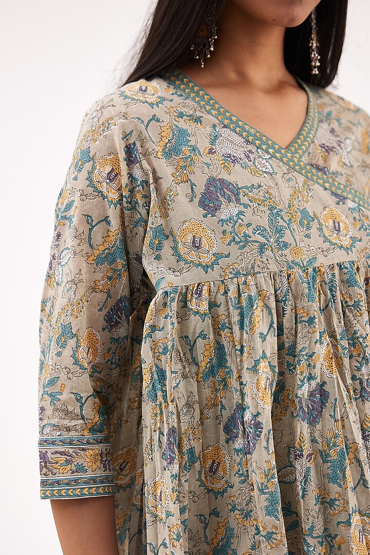 Grey & Blue Cotton Hand Block Printed Kurta Set by Kora at Pernia's Pop Up Shop