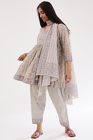 Grey & Pink Cotton Hand Block Printed Kurta Set by Kora