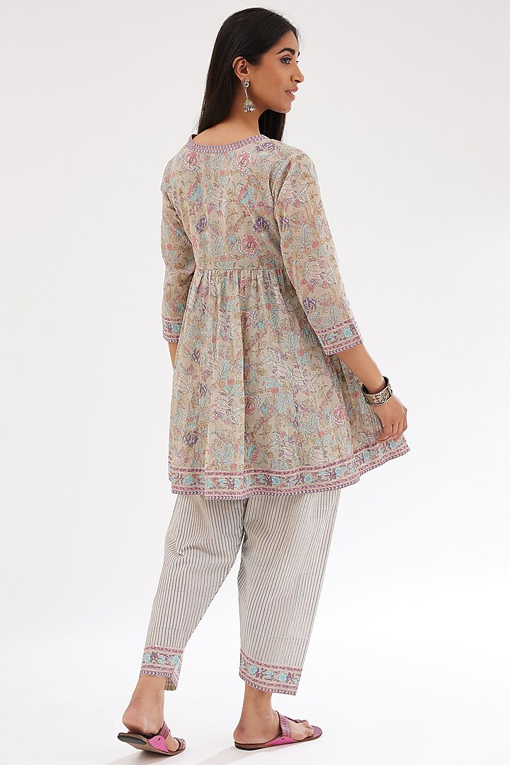 Grey & Pink Cotton Hand Block Printed Kurta Set by Kora at Pernia's Pop Up Shop