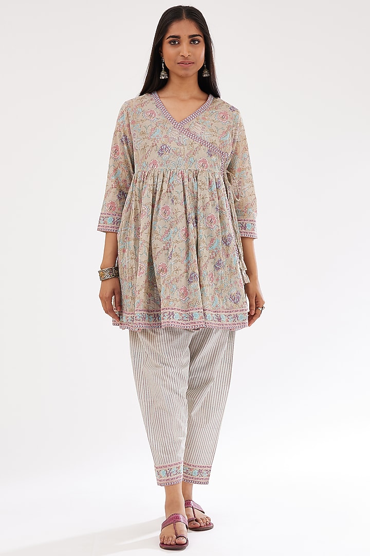 Grey & Pink Cotton Hand Block Printed Kurta Set by Kora at Pernia's Pop Up Shop