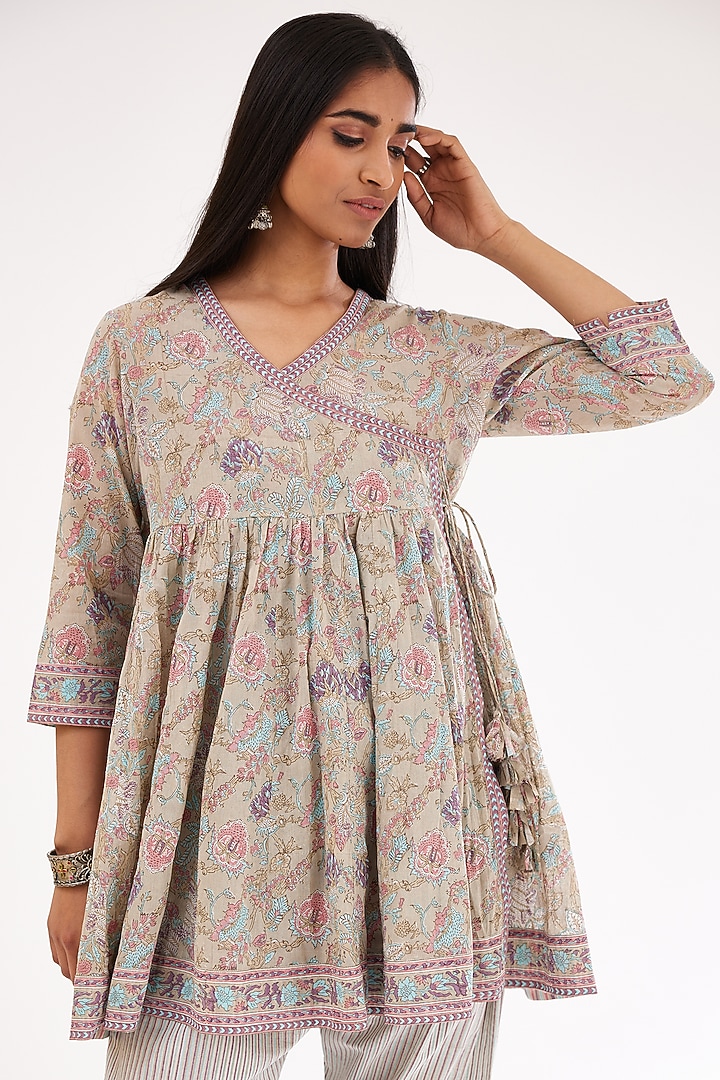 Grey & Pink Cotton Hand Block Printed Kurta Set by Kora at Pernia's Pop Up Shop