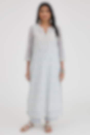 Blue & Off-White Cotton Chanderi Embroidered & Printed Kurta Set by Kora at Pernia's Pop Up Shop