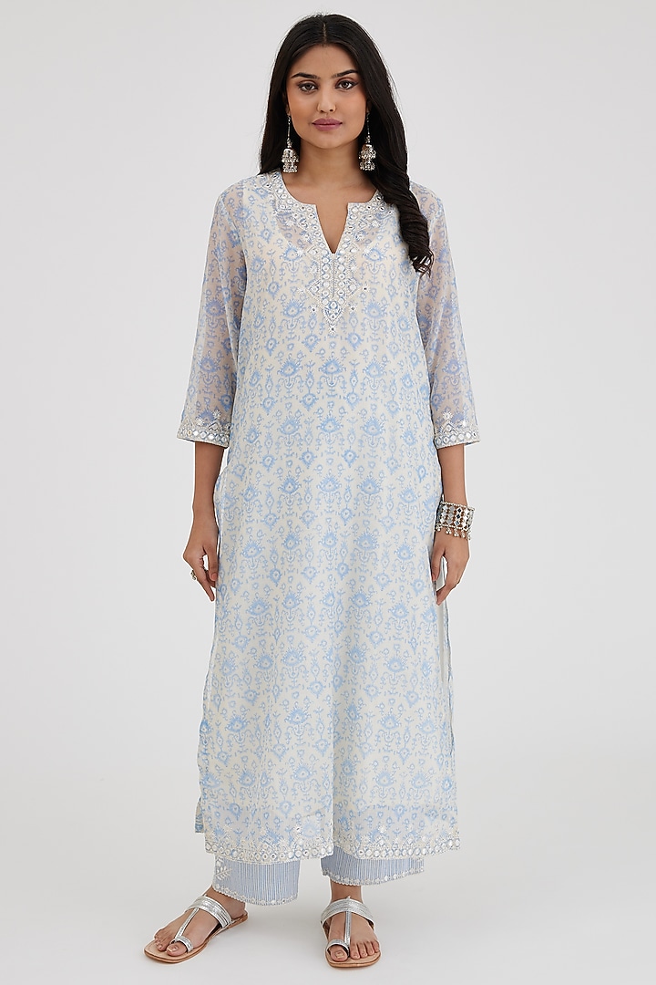 Blue & Off-White Cotton Chanderi Embroidered & Printed Kurta Set by Kora at Pernia's Pop Up Shop