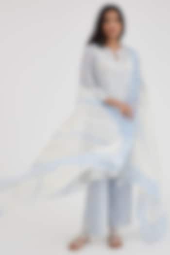 Blue & Off-White Cotton Chanderi Embroidered & Printed Kurta Set by Kora at Pernia's Pop Up Shop