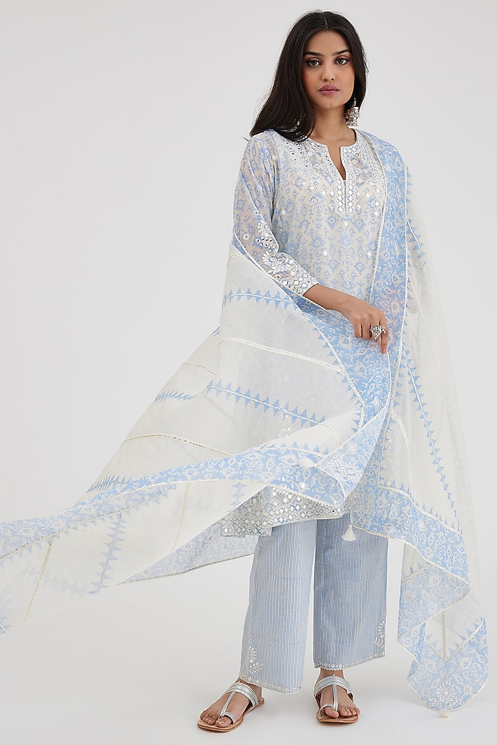 Blue & Off-White Cotton Chanderi Embroidered & Printed Kurta Set by Kora at Pernia's Pop Up Shop