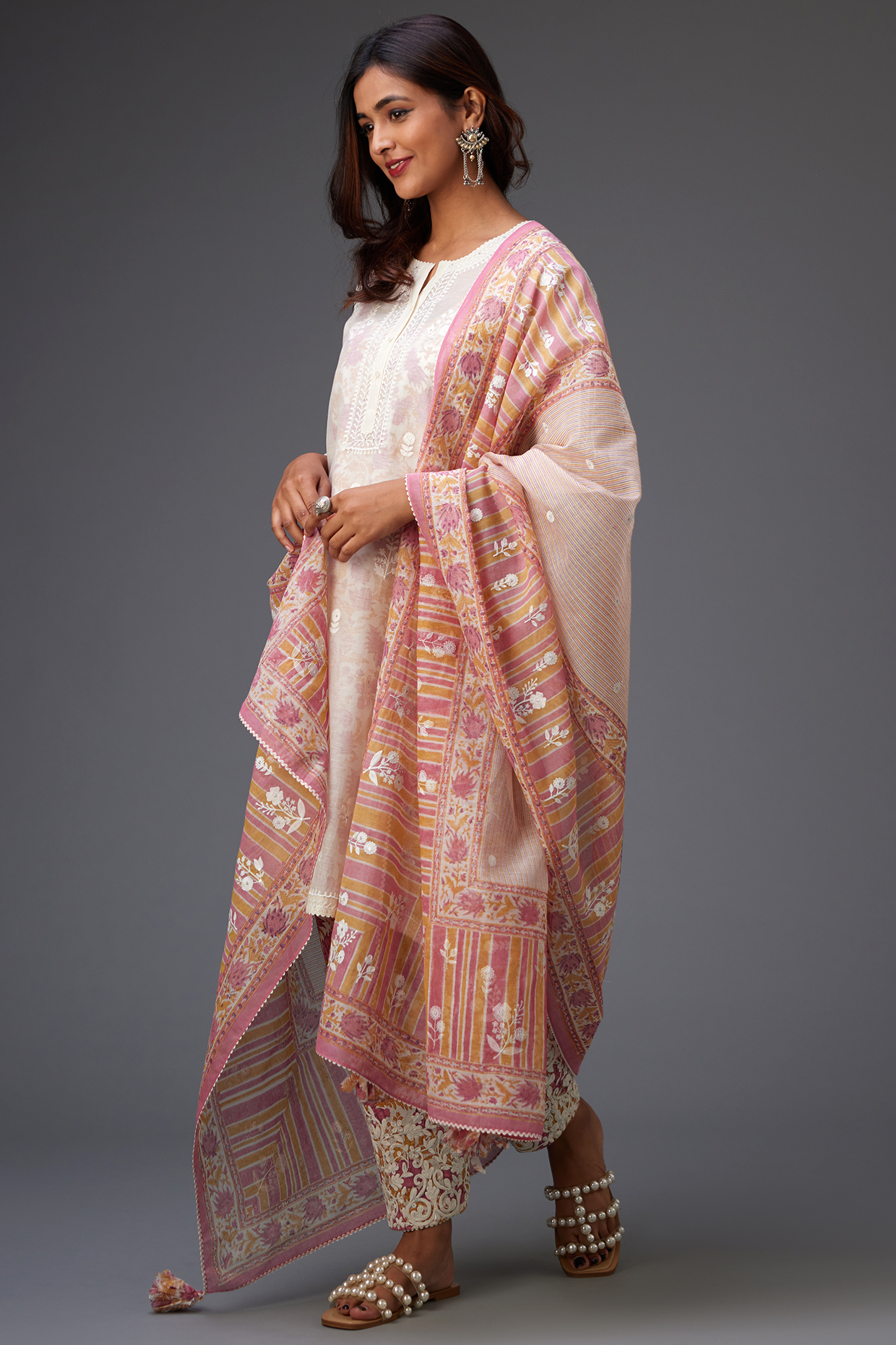 Off-White Silk Chanderi Hand Block Printed Kurta Set by Kora at Pernia's Pop Up Shop